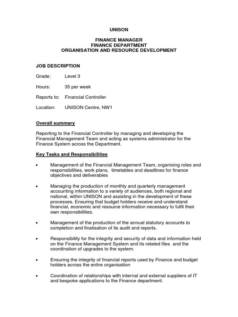 Job Description and Person Specification Finance Manager Aug 2015 | PDF |  Management Accounting | Accounting