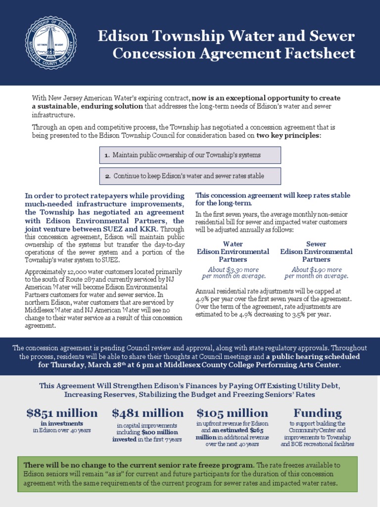 Edison Township Water and Sewer Concession Agreement fact sheet New