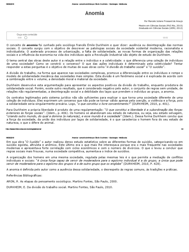 Anomia: Conceito de Émile Durkheim | PDF | Émile Durkheim | Sociologia