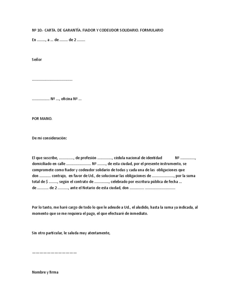 Carta. de Garantía. Fiador y Codeudor Solidario.