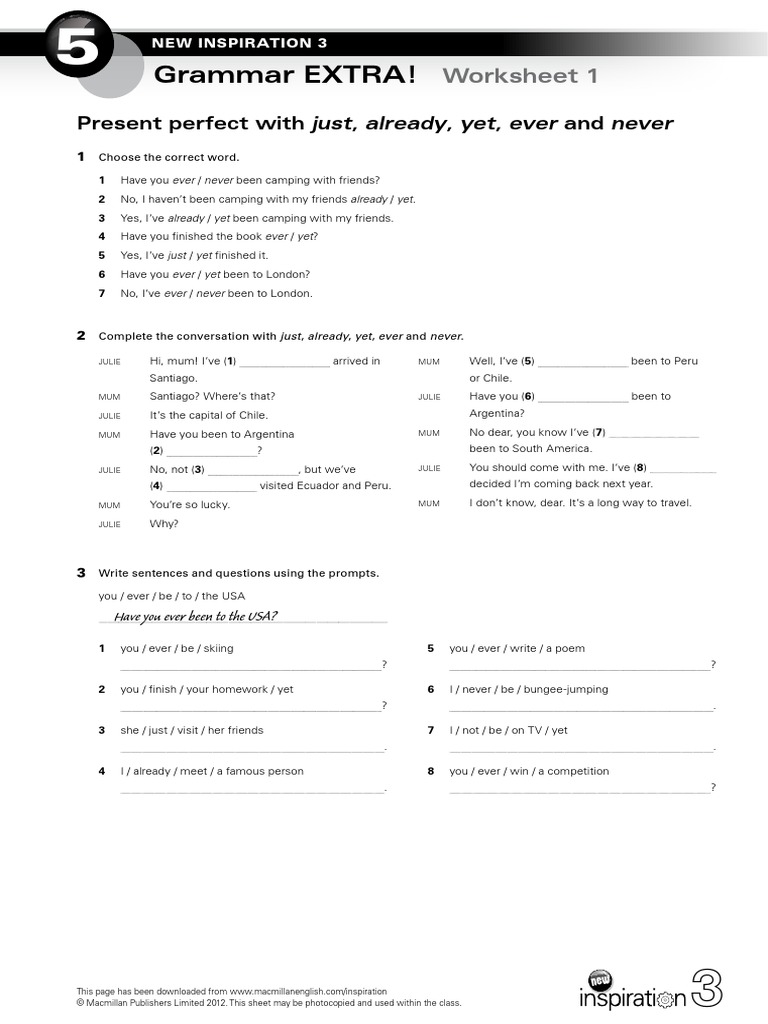 Grammar Extra Ni 3 Unit 5 Present Perfect With Just Already Yet Ever And Never Pdf Pdf Linguistics