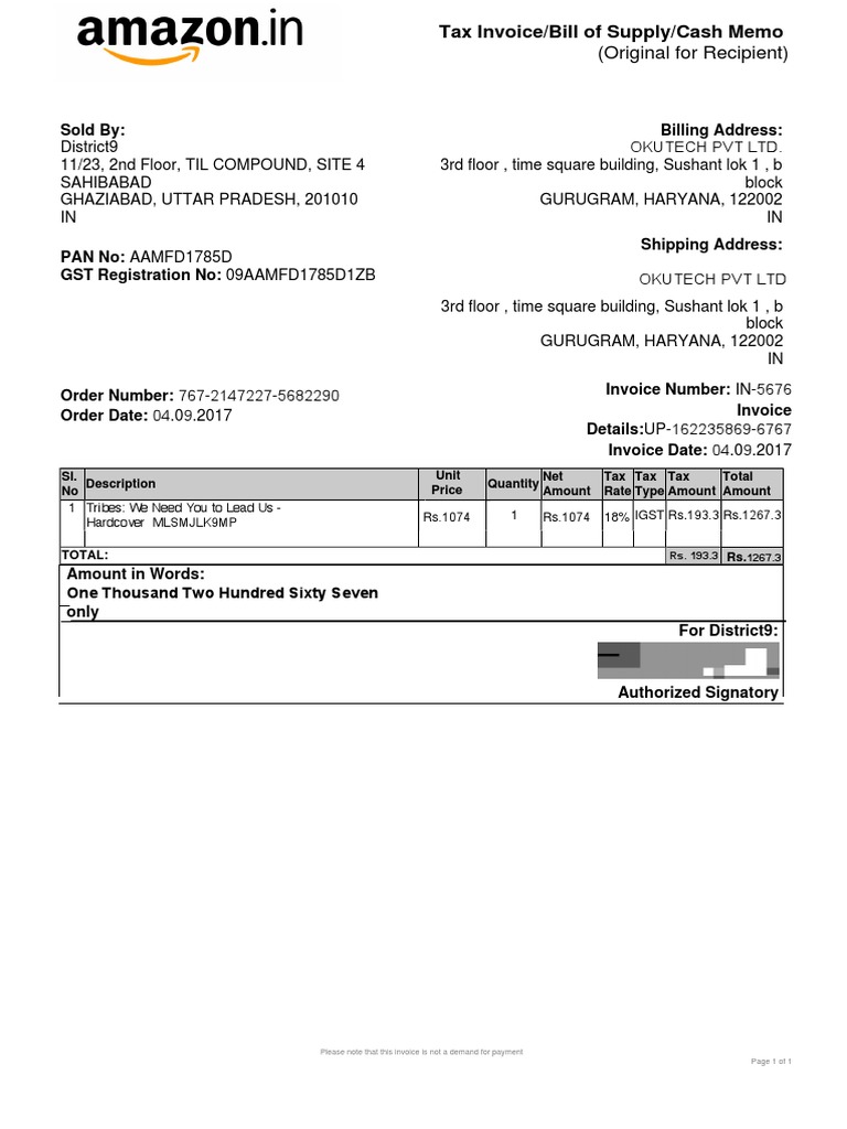 Amazon Books Bill PDF Invoice Taxation