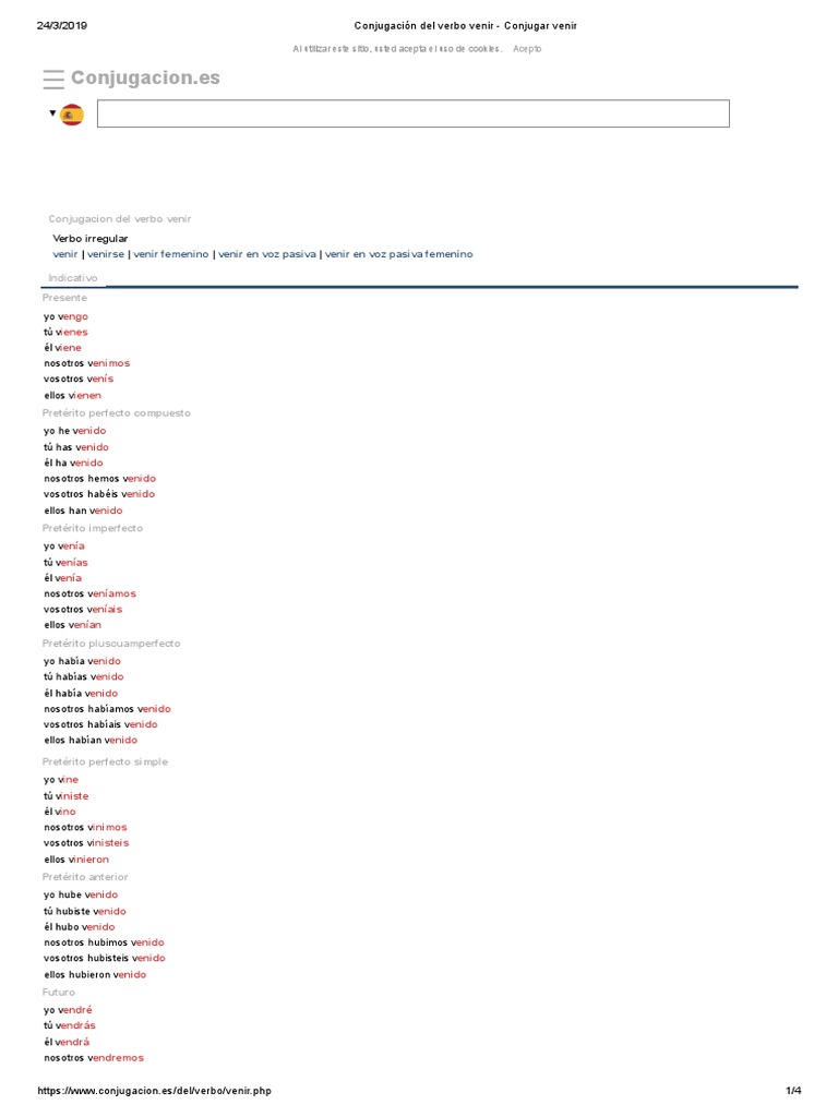 Espanol Verbos Irregulares Verbo Venir Tipologia Linguistica Conjugacion Gramatical