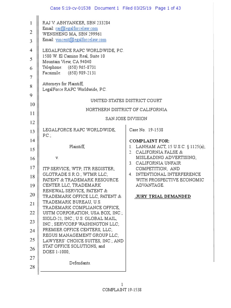 COMPLAINT Against Fraudulent Misleading Trademark Mailer Entities Via