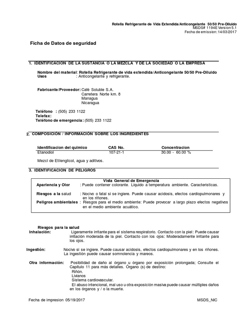 Rotella Elc 50.50. Msds PDF Agua Residuos