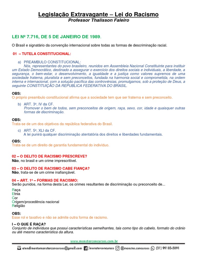 Racismo - Lei Federal Nº 7.716 89 PDF | PDF | Racismo | Discriminação e ...