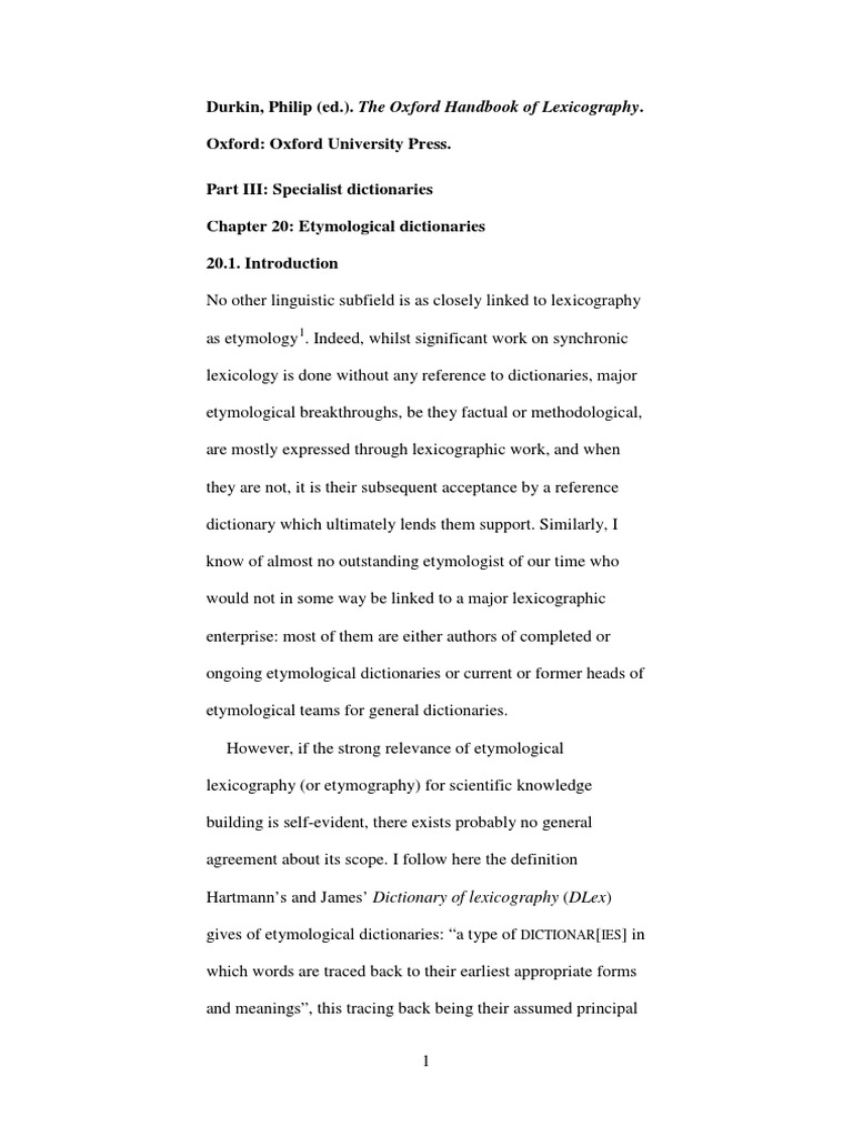 Etymological Dictionaries In the Oxford Handbook of Lexicography