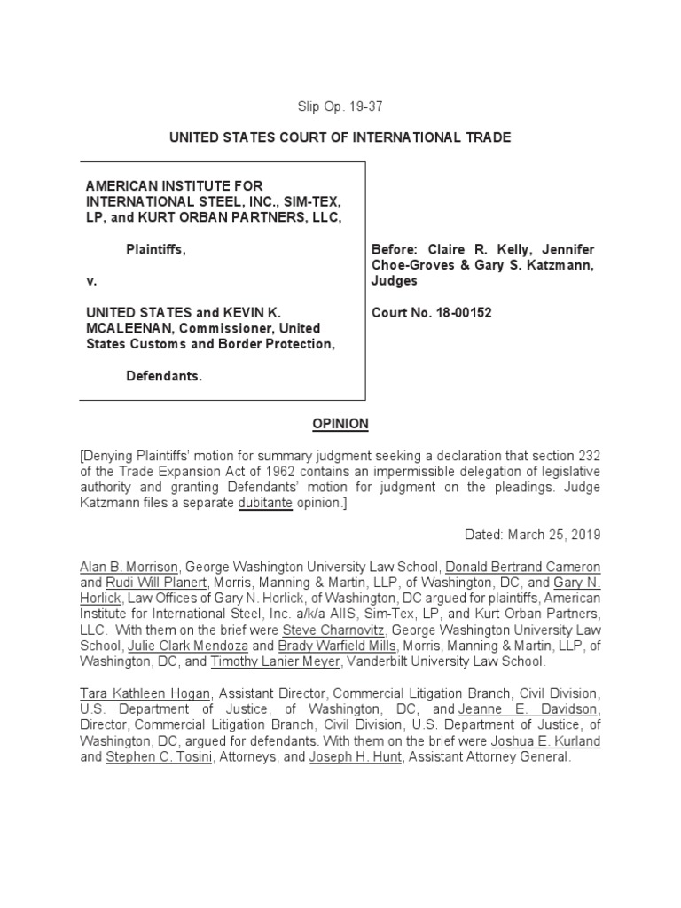 US Court of International Trade - Steel and Aluminum Tariff Ruling ...