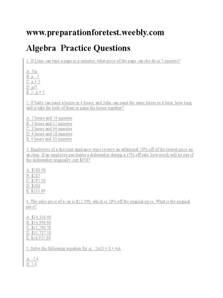 Algebra Practice Questions | PDF | Celsius | Fahrenheit