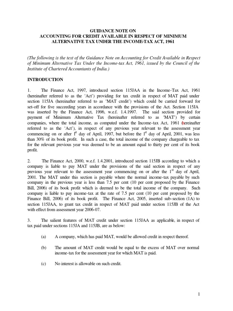 MAT Credit Accounting Guidance Note | PDF | Deferred Tax | Tax Expense