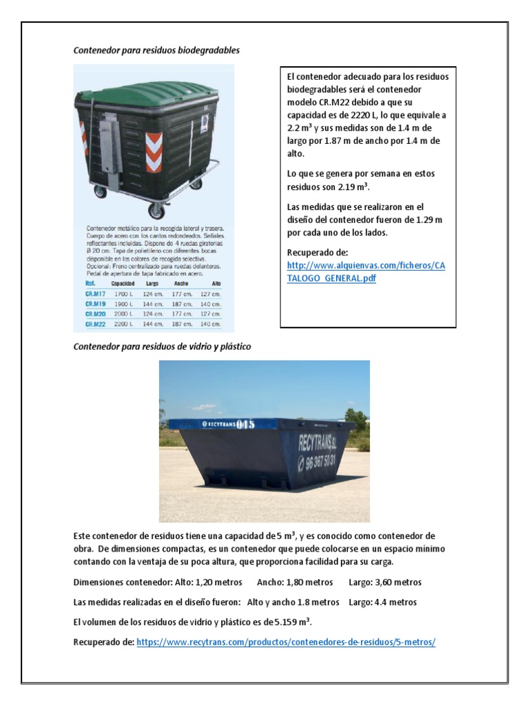 Dimensiones y capacidades de contenedores de basura | PDF | Naturaleza