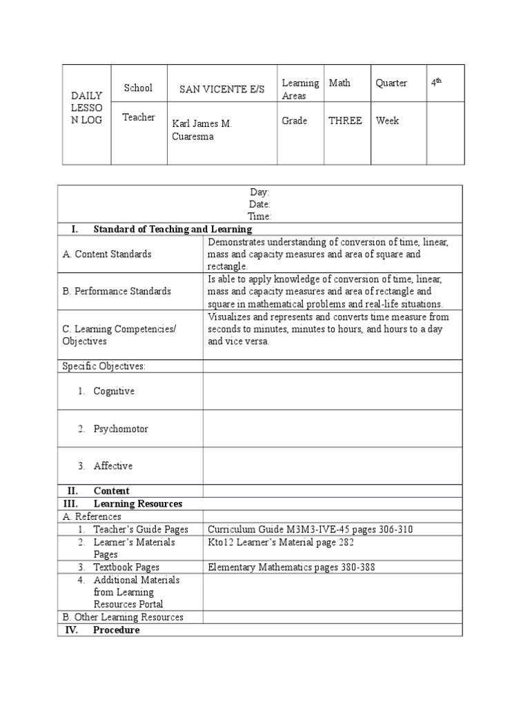 Grade 4 Math Daily Lesson Log | PDF | Teaching Mathematics | Learning