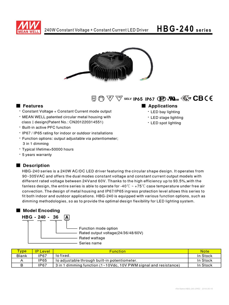 HBG 240 Spec 806072 PDF | PDF | Light Emitting Diode | Rectifier