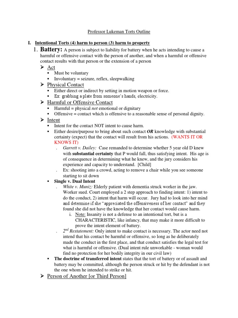 Torts Outline: Intentional Torts Explained | PDF | Conversion (Law ...
