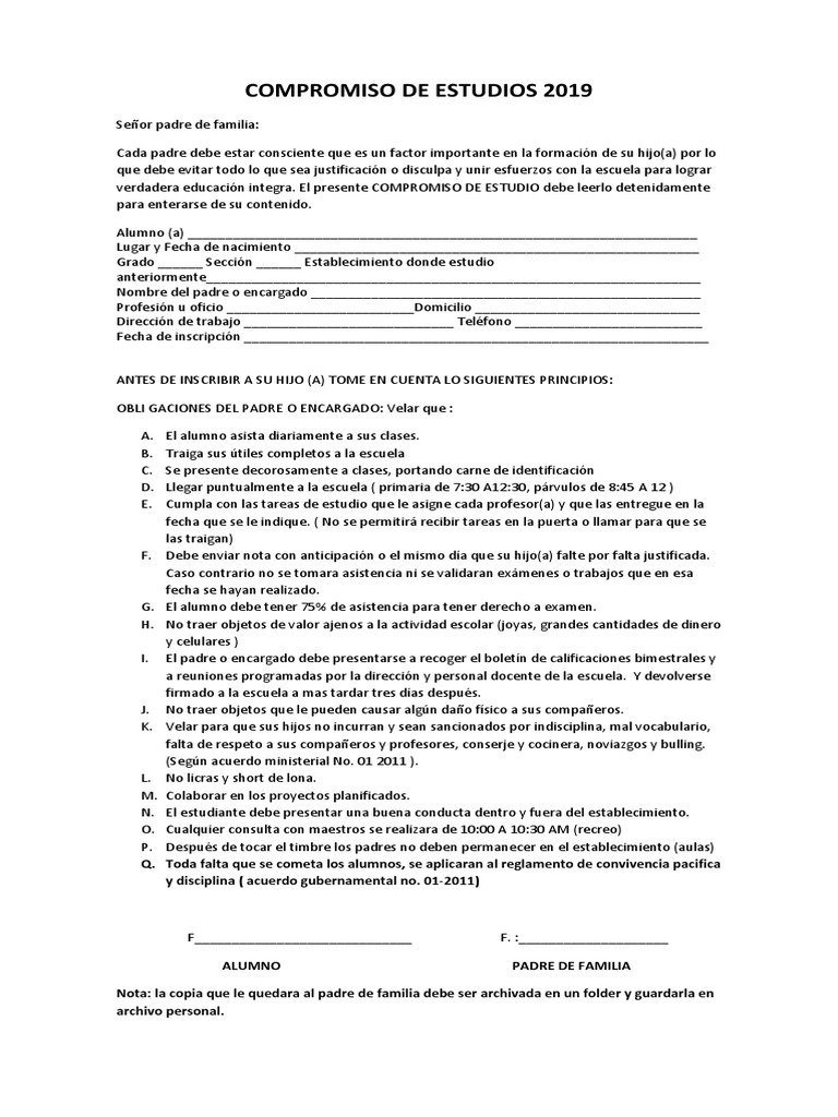 Compromiso de Estudio Escolar 2019 | PDF | Modificación de ...