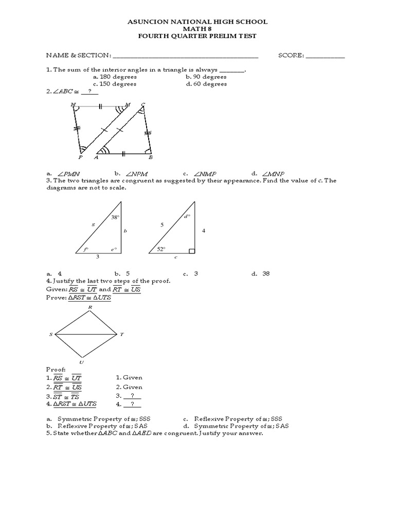 Asuncion National High School Math 8 Fourth Quarter Prelim Test | PDF ...