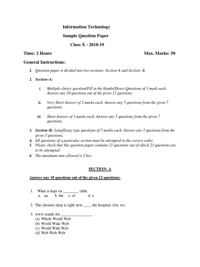 Class X IT Sample Question Paper 2018-19 | PDF | Question | World Wide Web