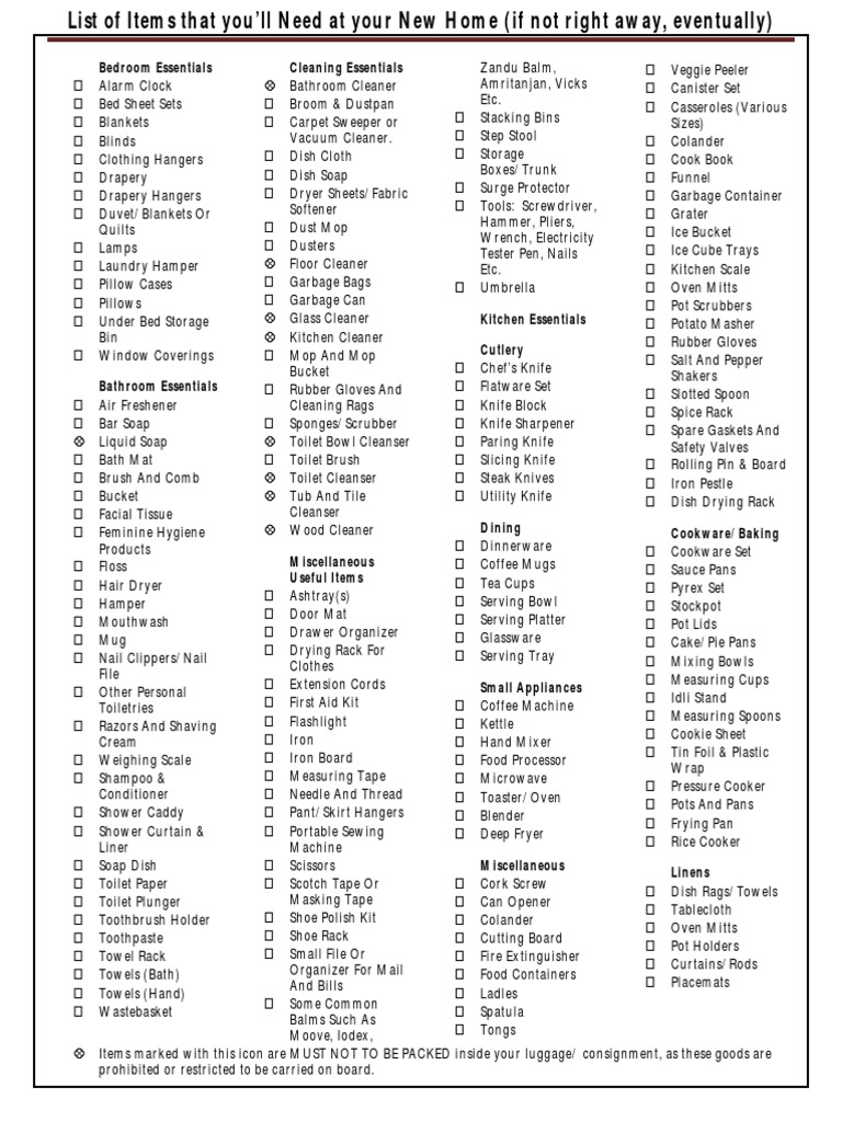 List of Essential New Home Items PDF Cookware And Bakeware Tableware