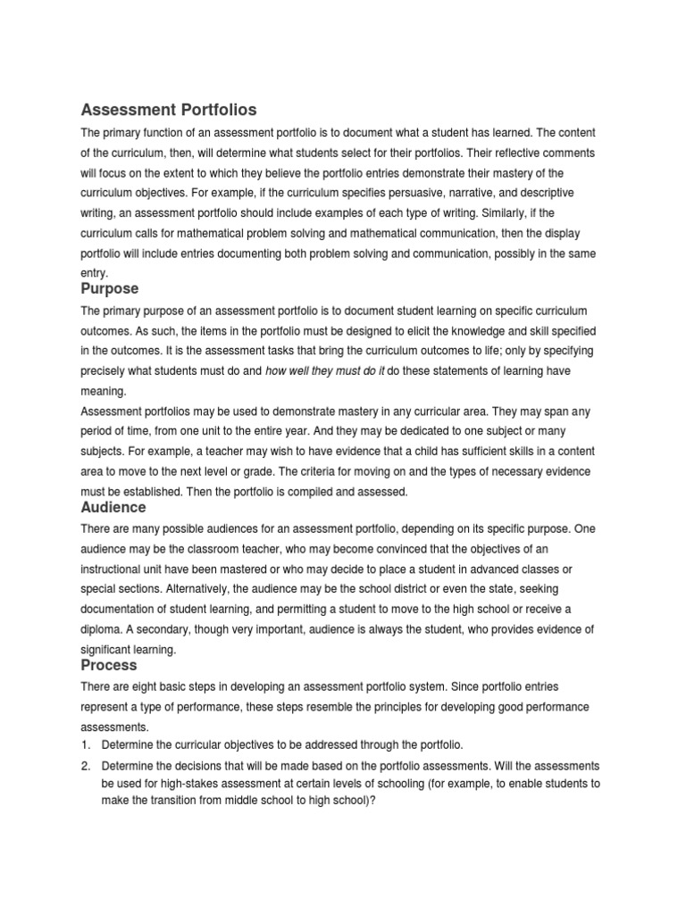 Assessment Portfolios Pdf Educational Assessment Curriculum