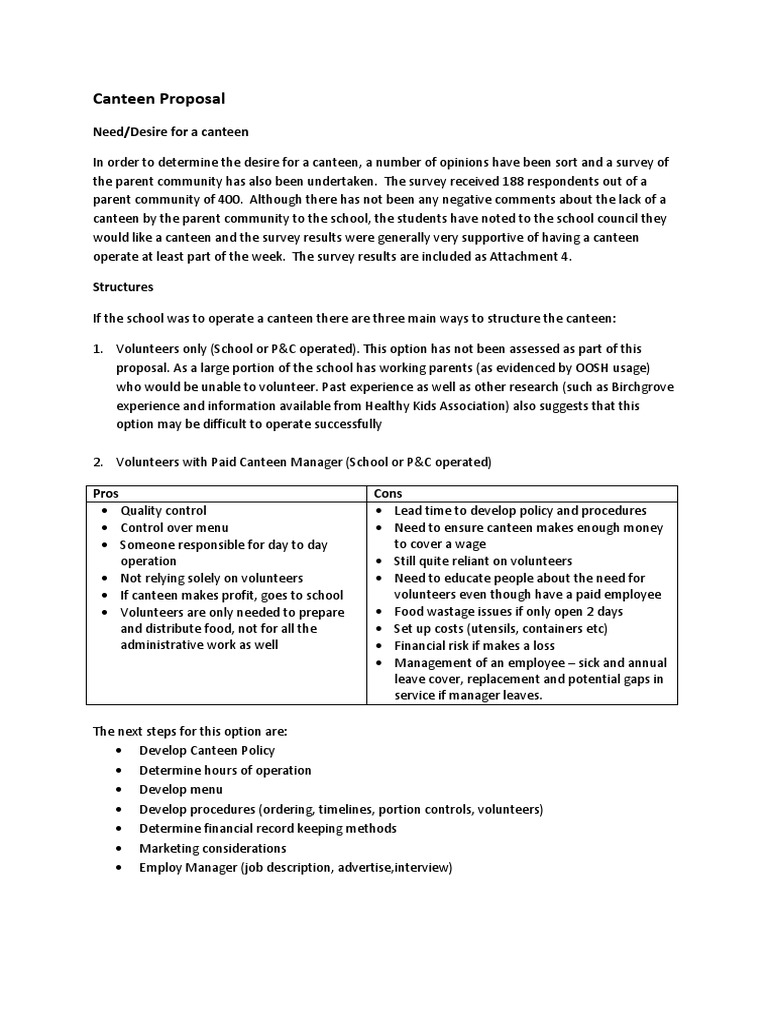 Canteen Proposal Need/Desire For A Canteen PDF Sushi Fee