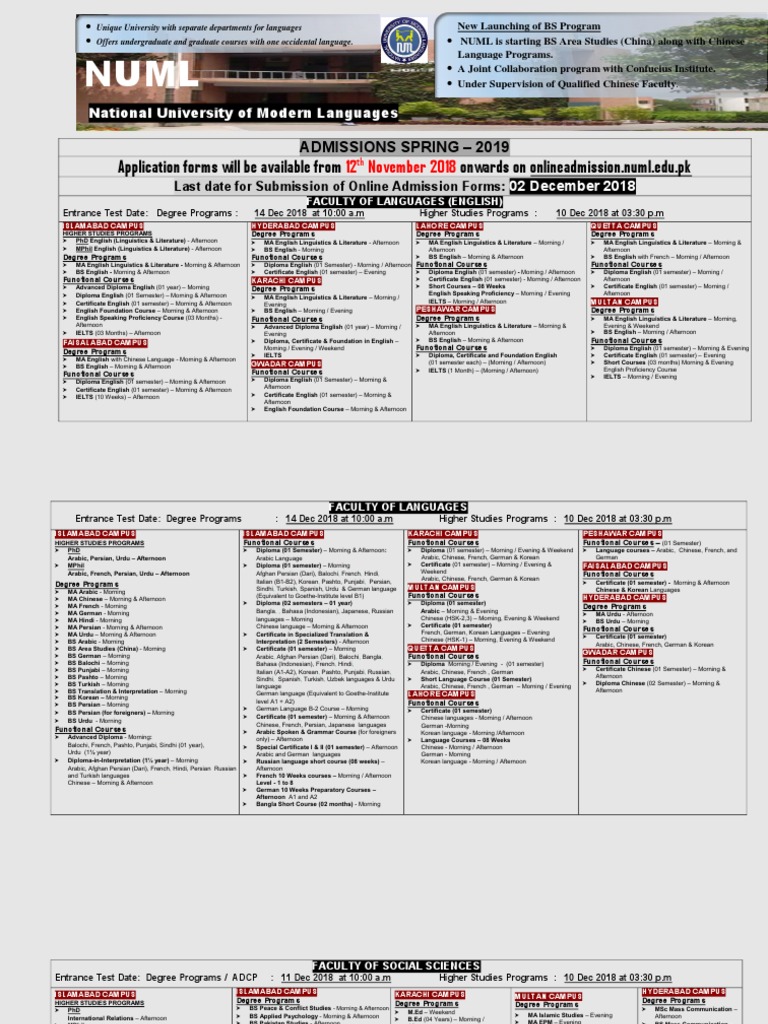 NUML Spring 2019 Admissions | PDF | Bachelor Of Science | Bachelor's Degree