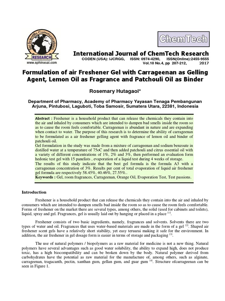 Formulation and Evaluation of a CarrageenanBased Air Freshener Gel Containing Lemon and
