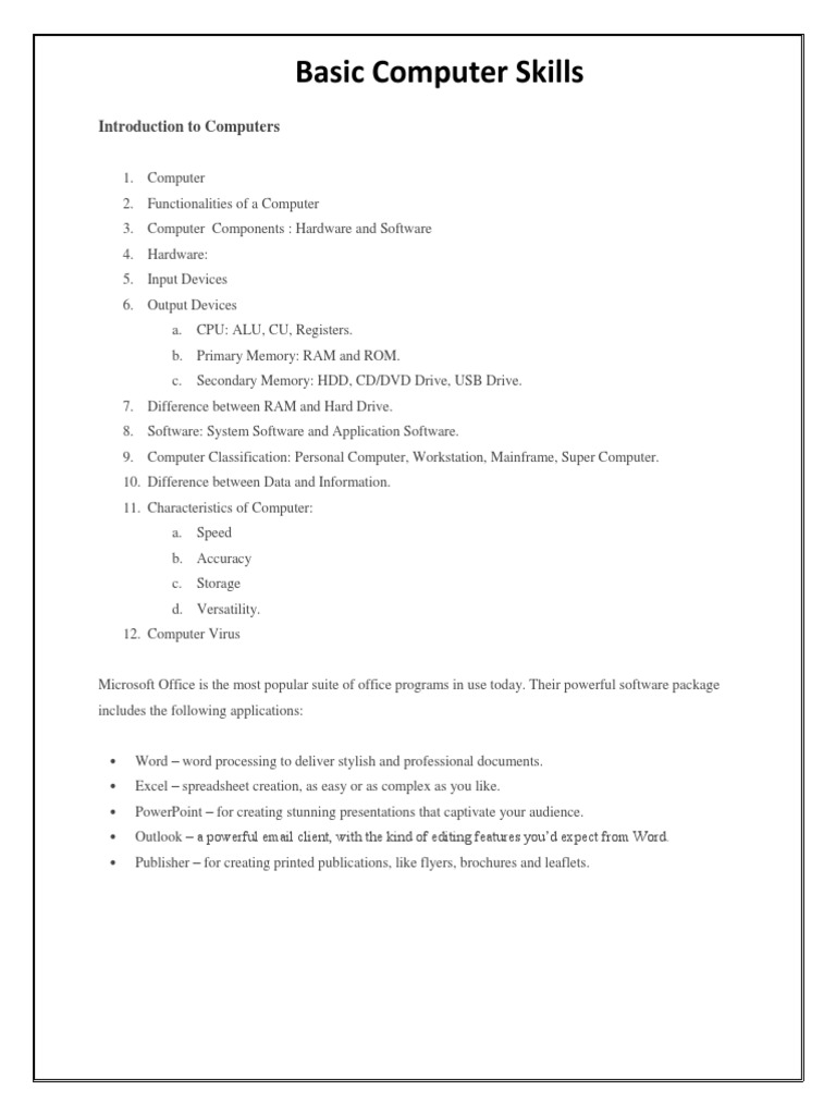 Basic Computer Skills | PDF | Microsoft Excel | Personal Computers
