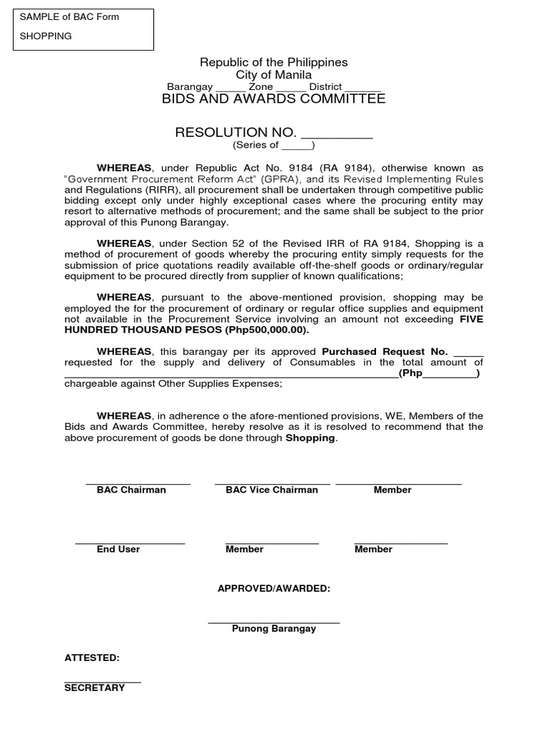 Bids and Awards Committee RESOLUTION NO. - : Republic of The ...
