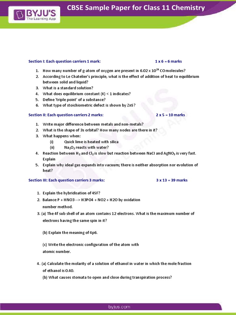 Class 11 Chemistry Sample Paper | PDF | Covalent Bond | Mole (Unit)