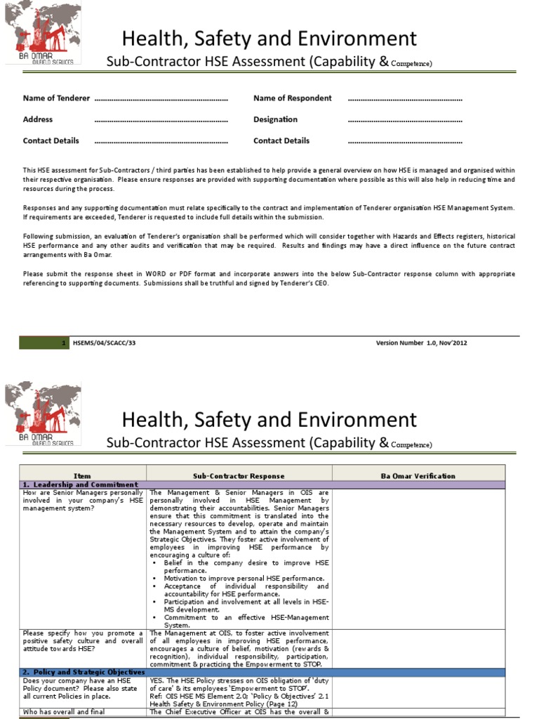 Appendix 6 Sub Contractor HSE Assessment HSEMS-04-SCACC-33 | PDF ...