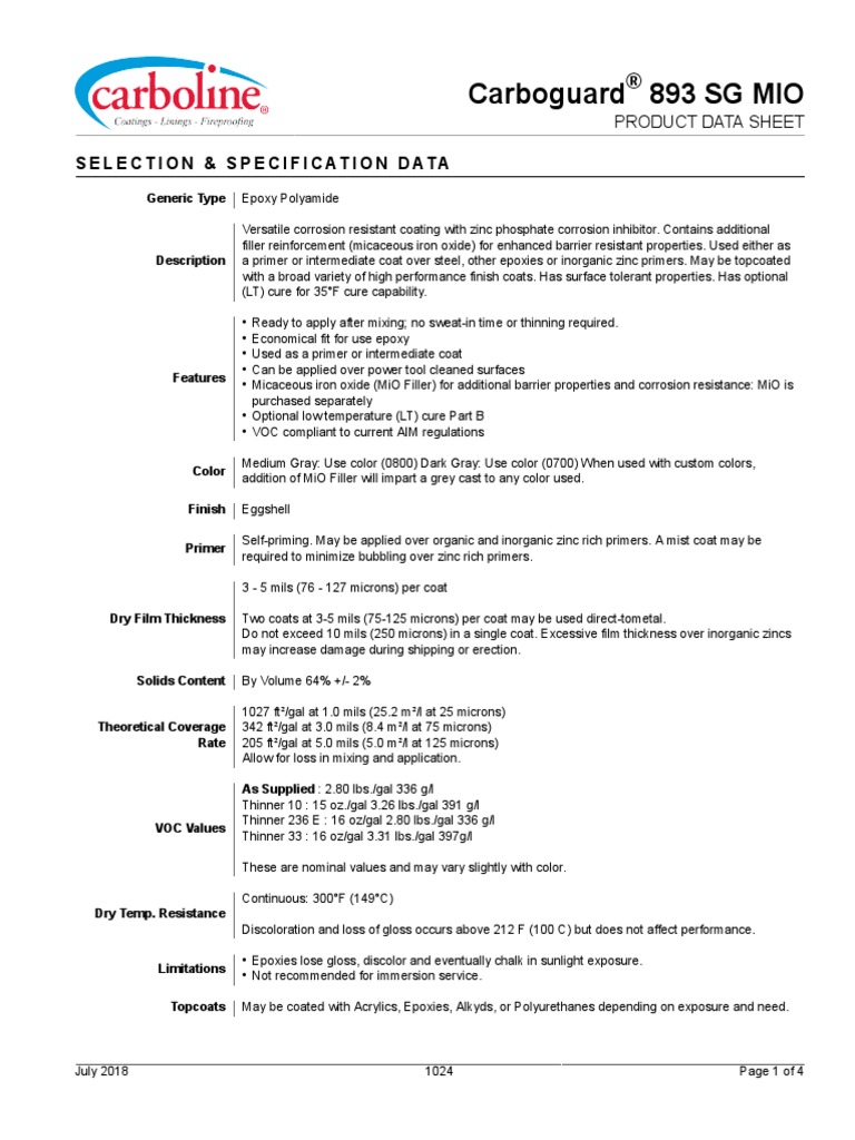 Carboguard 893 SG MIO PDS Epoxy Shelf Life