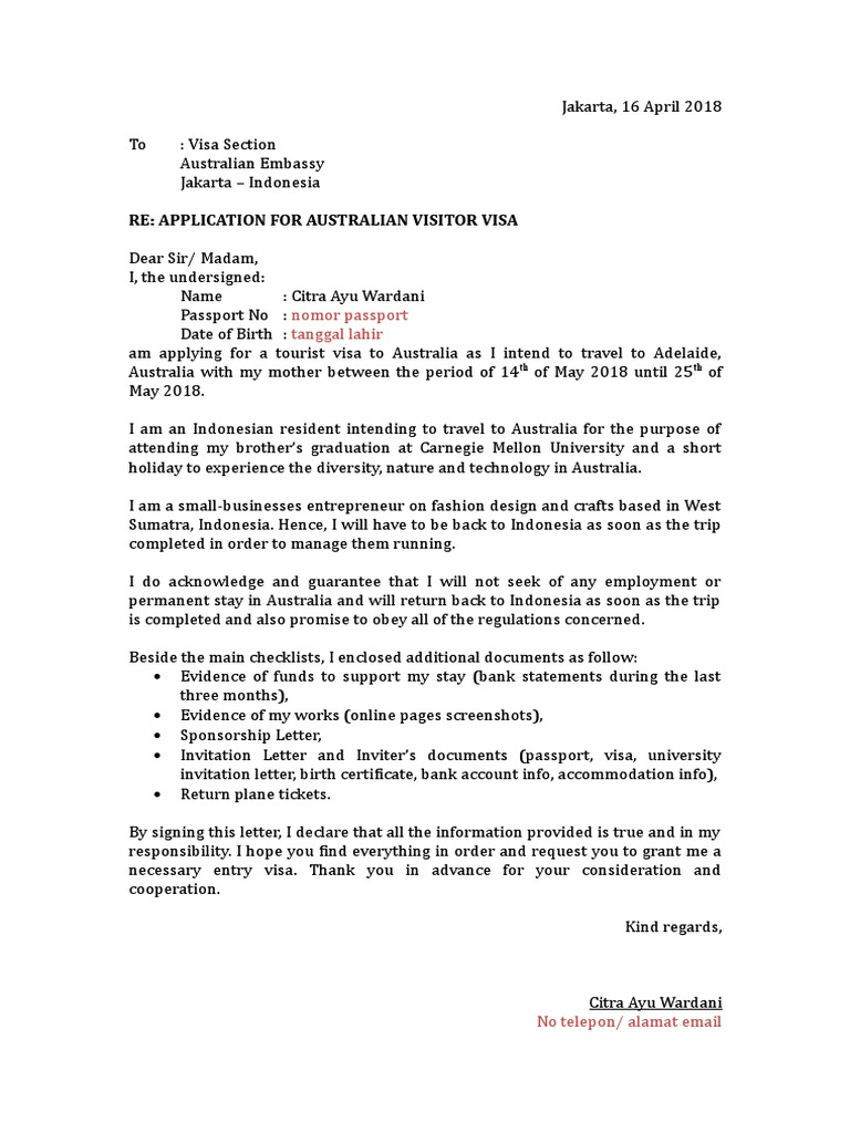 Cover Letter Visa Aussie Cihud | PDF