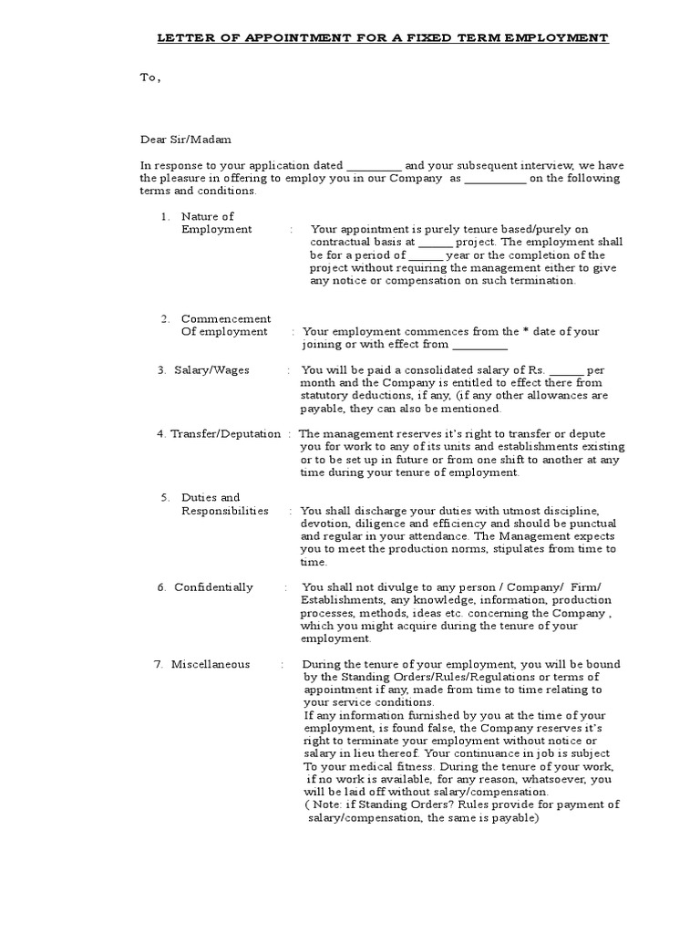Fixed Term Appointment Letter | PDF | Employment | Salary