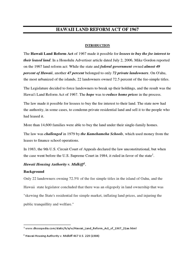 Hawaii Land Reform Act of 1967 PDF Eminent Domain Lease