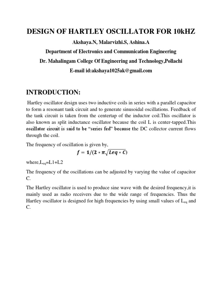 Design of Hartley Oscillator For 10Khz PDF