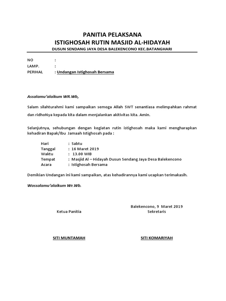 Contoh undangan istighosah Hasil penelusuran untuk Contoh Surat Undangan Istighosah.