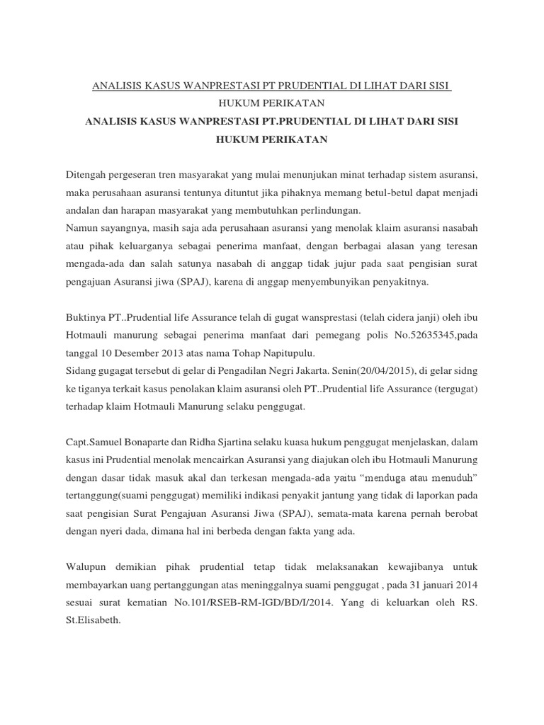 Analisis Kasus Wanprestasi Pt Prudential Di Lihat Dari Sisi