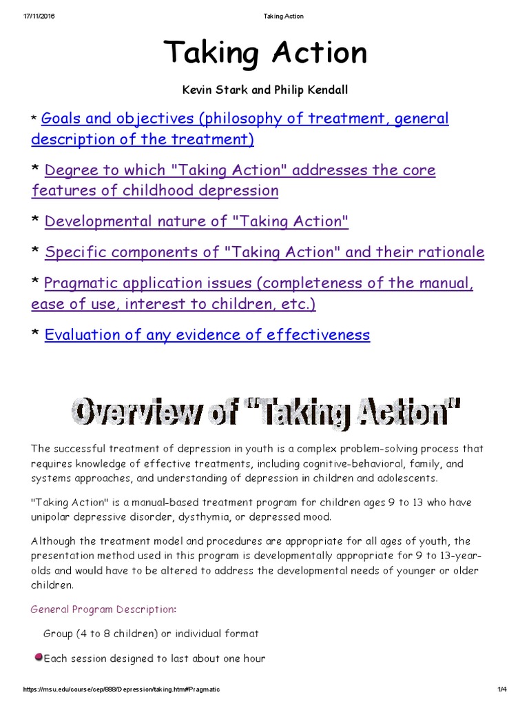 Taking Action Goals and Objectives (Philosophy of Treatment, General Description of The