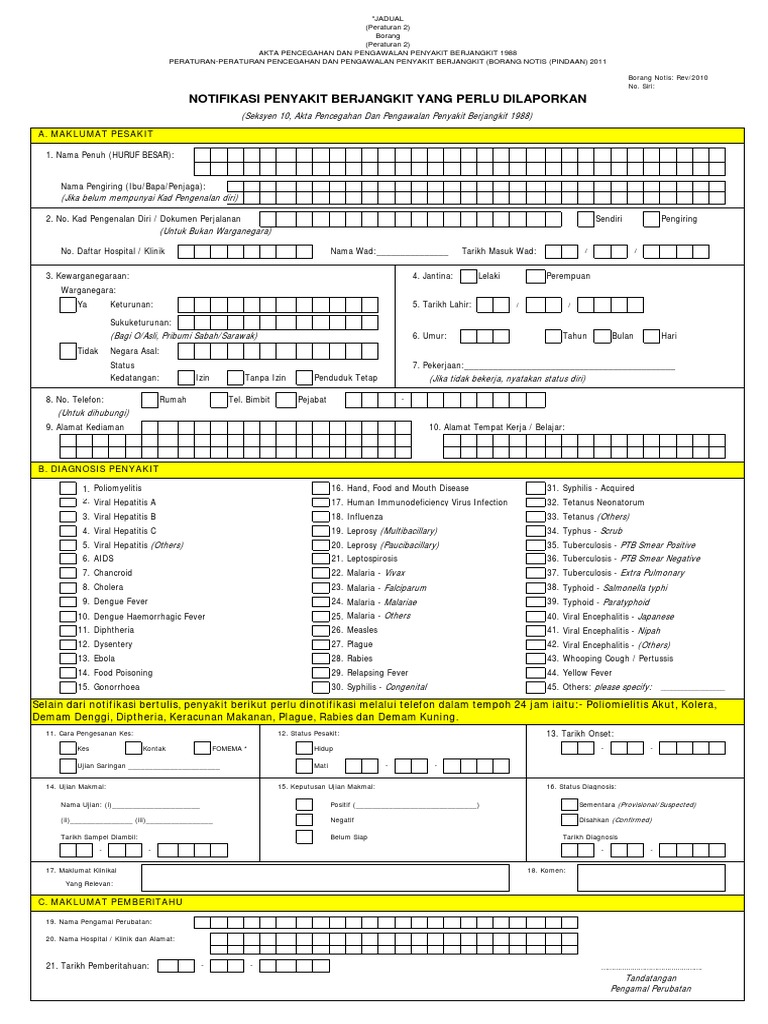 Borang Notifikasi Penyakit Berjangkit Rev 2010 Pdf