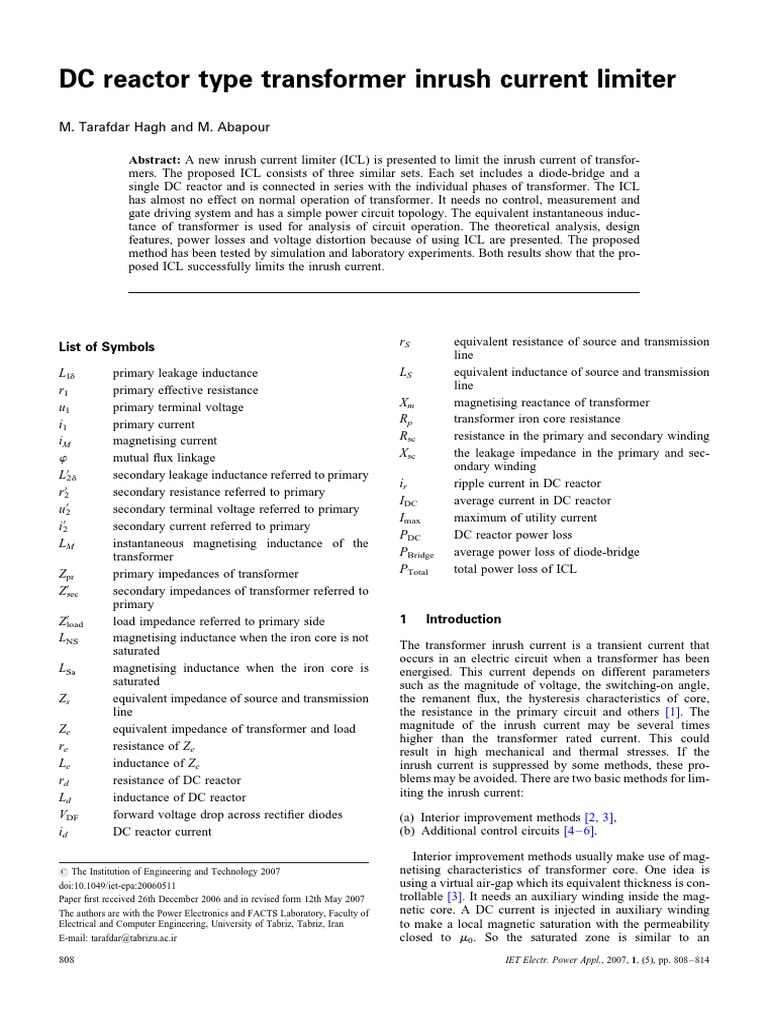 Dc Reactor Type Transformer Inrush Current Limiter Pdf Transformer Inductance