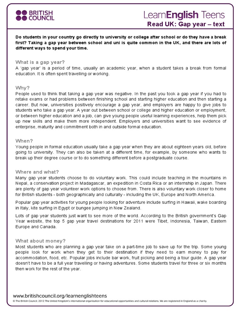 Read UK: Gap Year - Text | PDF | Higher Education | Academia