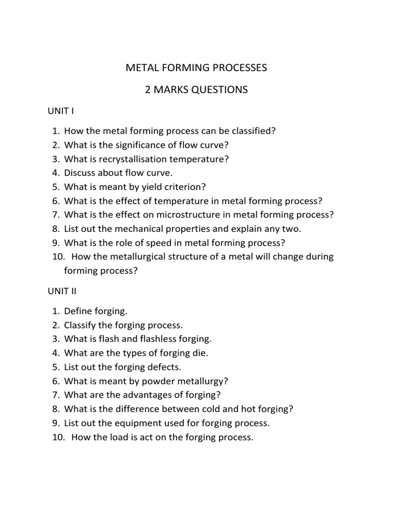 Metal Forming Processes 2 Marks Questions | Download Free PDF | Forging ...