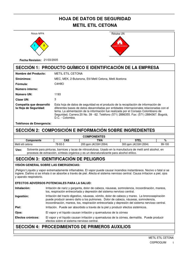 Hoja de Seguridad Metil Acetona PDF Agua Combustión