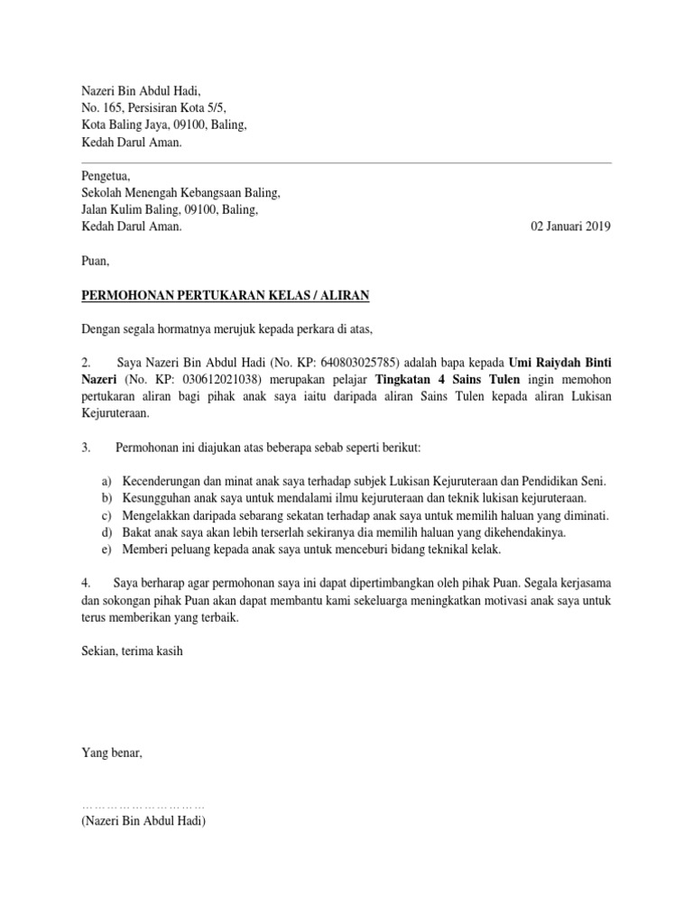 Surat Rasmi Permohonan Tukar Aliran Tingkatan 4