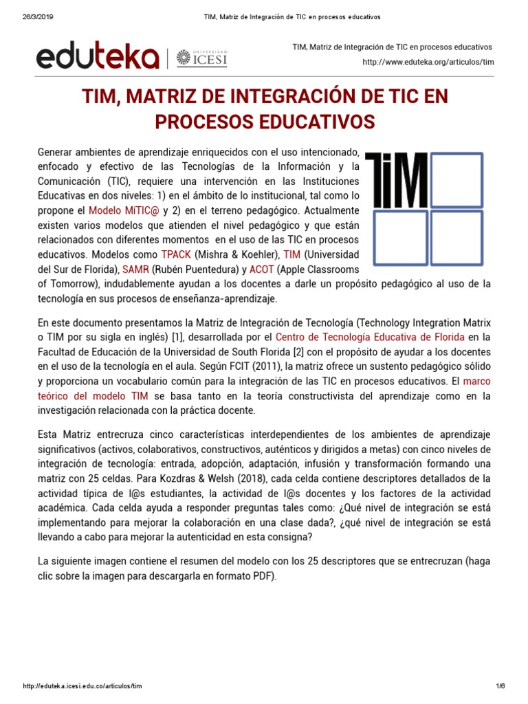 TIM, Matriz de Integración de TIC en Procesos Educativos | PDF ...