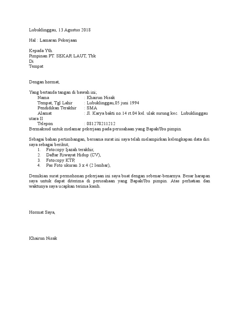 Contoh Surat Lamaran Kerja