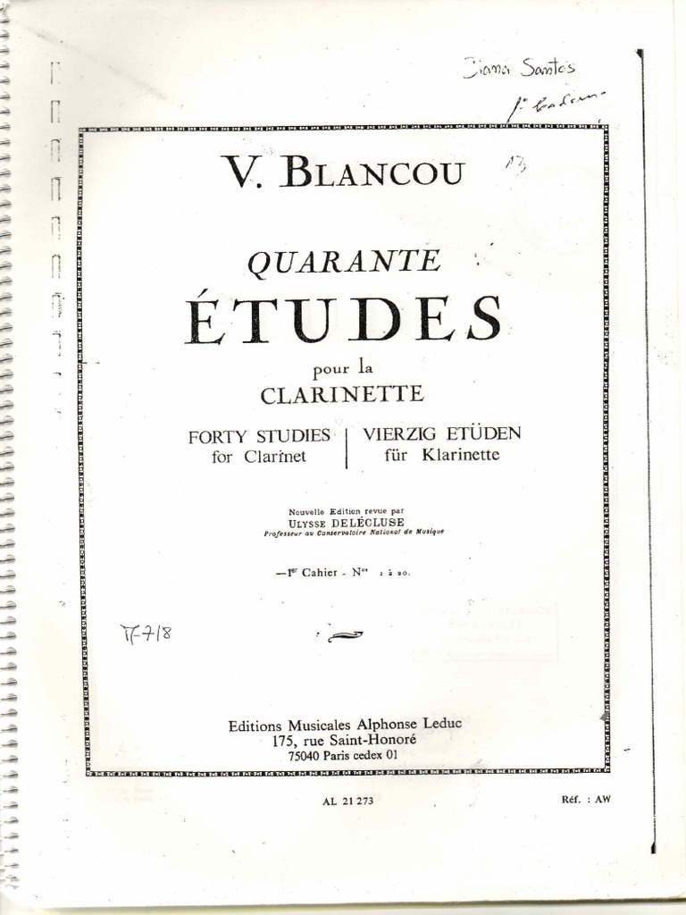 V. Blancou QUARANTE ÉTUDES クラリネット ブランクー：40の練習曲 第1巻（クラリネット）／Quarante