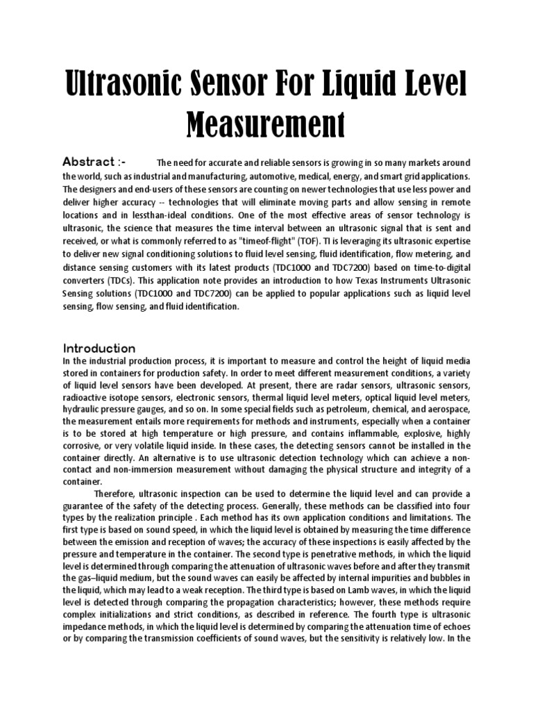 Ultrasonic Sensor For Liquid Level Measurement | PDF | Ultrasound | Sensor