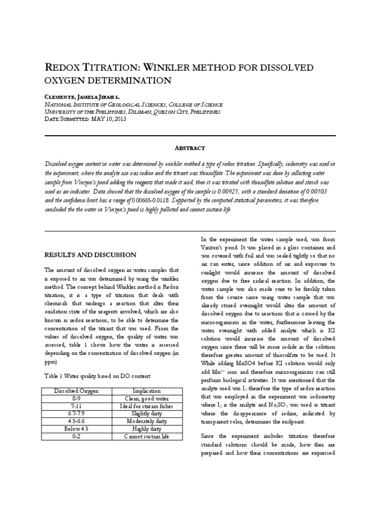 Redox titration winkler method for dissolved oxygen determination essay 03 picture