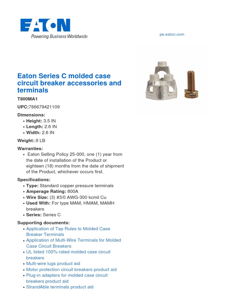 Eaton Series C molded case circuit breaker accessories and terminals